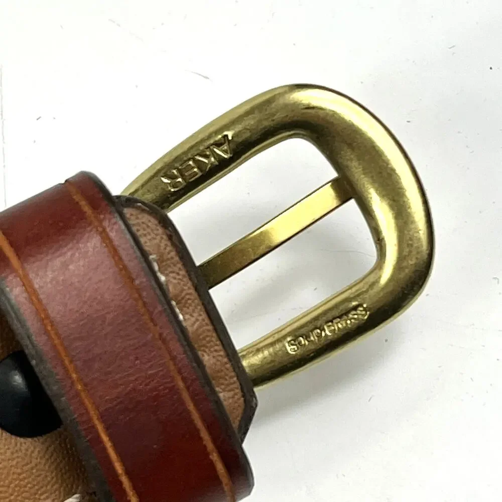 Aker NRA Walker Ranger Belt Sz46 Brown Leather Brass Buckle Made in USA B10-46